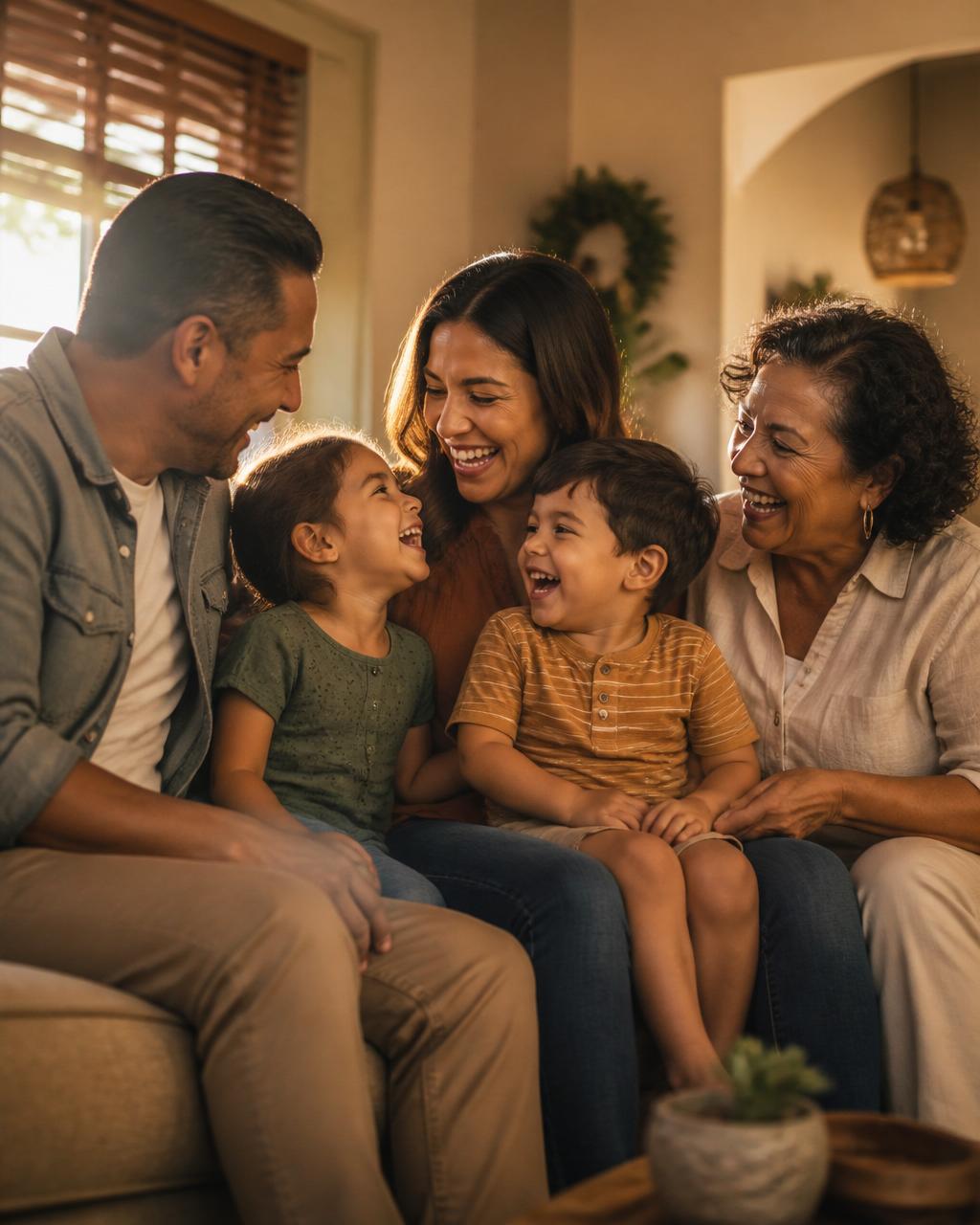 A multi-generational family laughing together